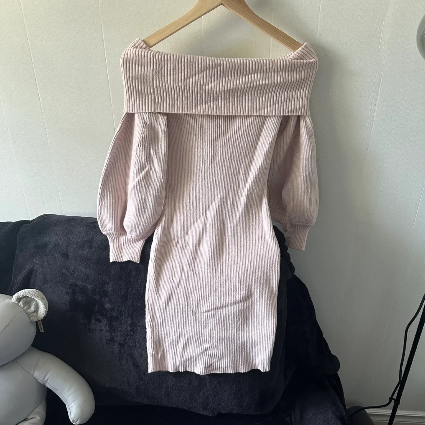 Soft pink off the shoulder knit mini dress image indicator(2)