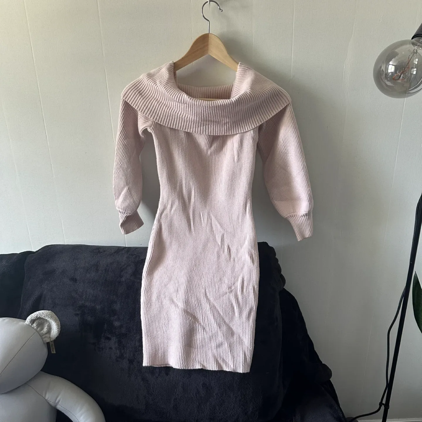 Soft pink off the shoulder knit mini dress image indicator(7)