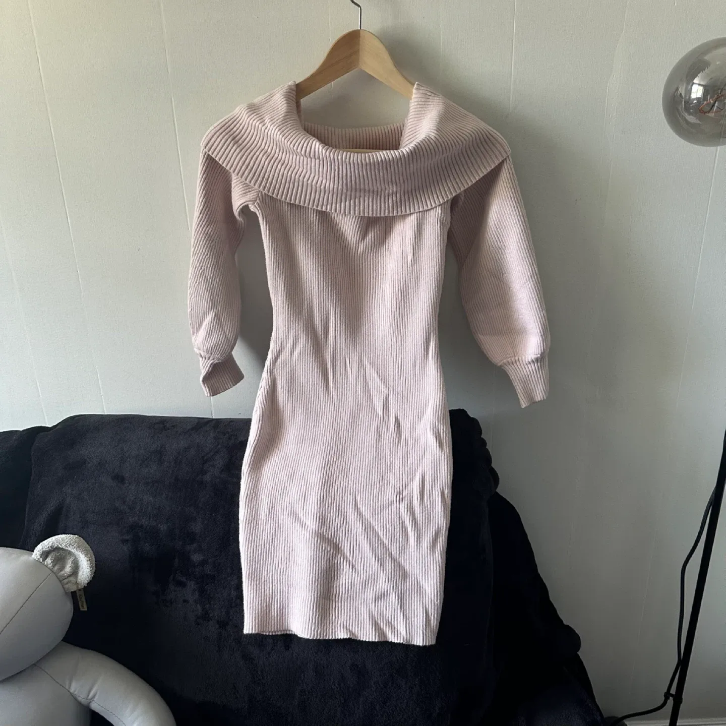 Soft pink off the shoulder knit mini dress image indicator(8)