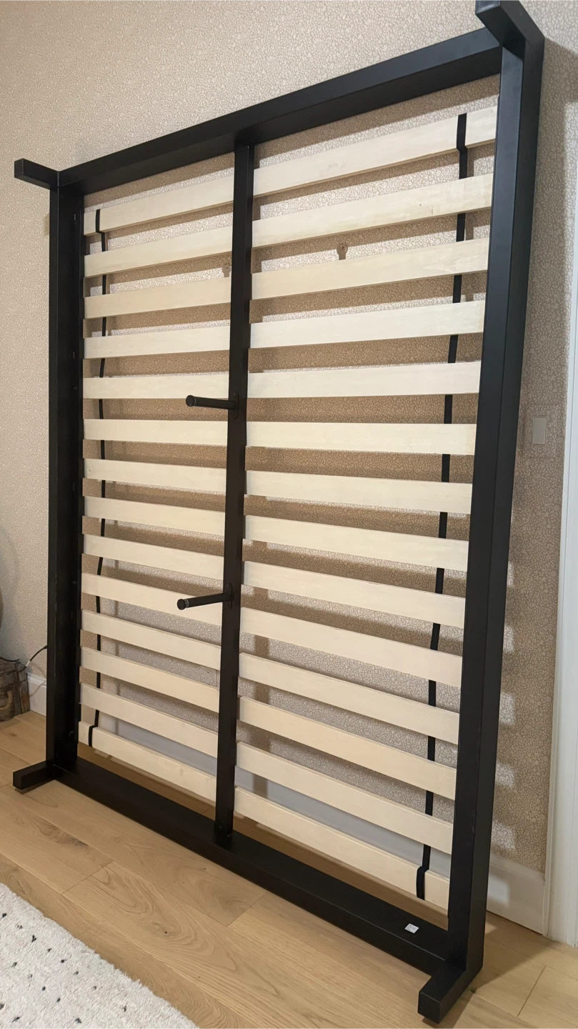 Queen CB2 Black Metal Bed Frame with Wooden Slats - photo 3