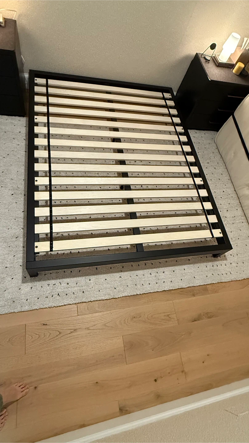 Queen CB2 Black Metal Bed Frame with Wooden Slats