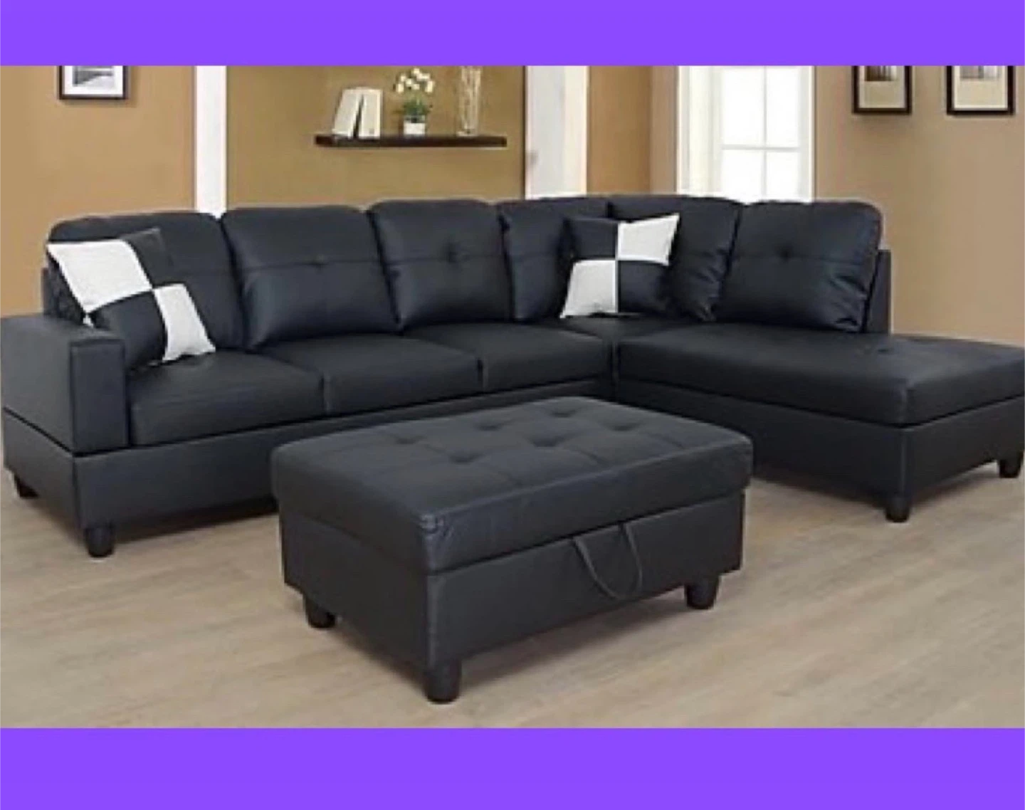 Brand new Black Leather Sectional Sofa with Ottoman