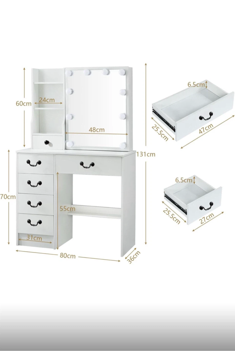 White Vanity Makeup Table with Lighted Mirror - photo 2