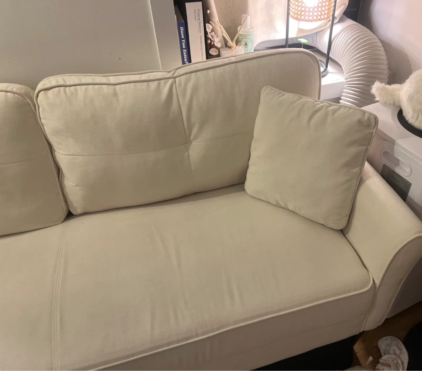 Pristine Ivory-Colored Velvet Couch w/Two Pillows image indicator(3)