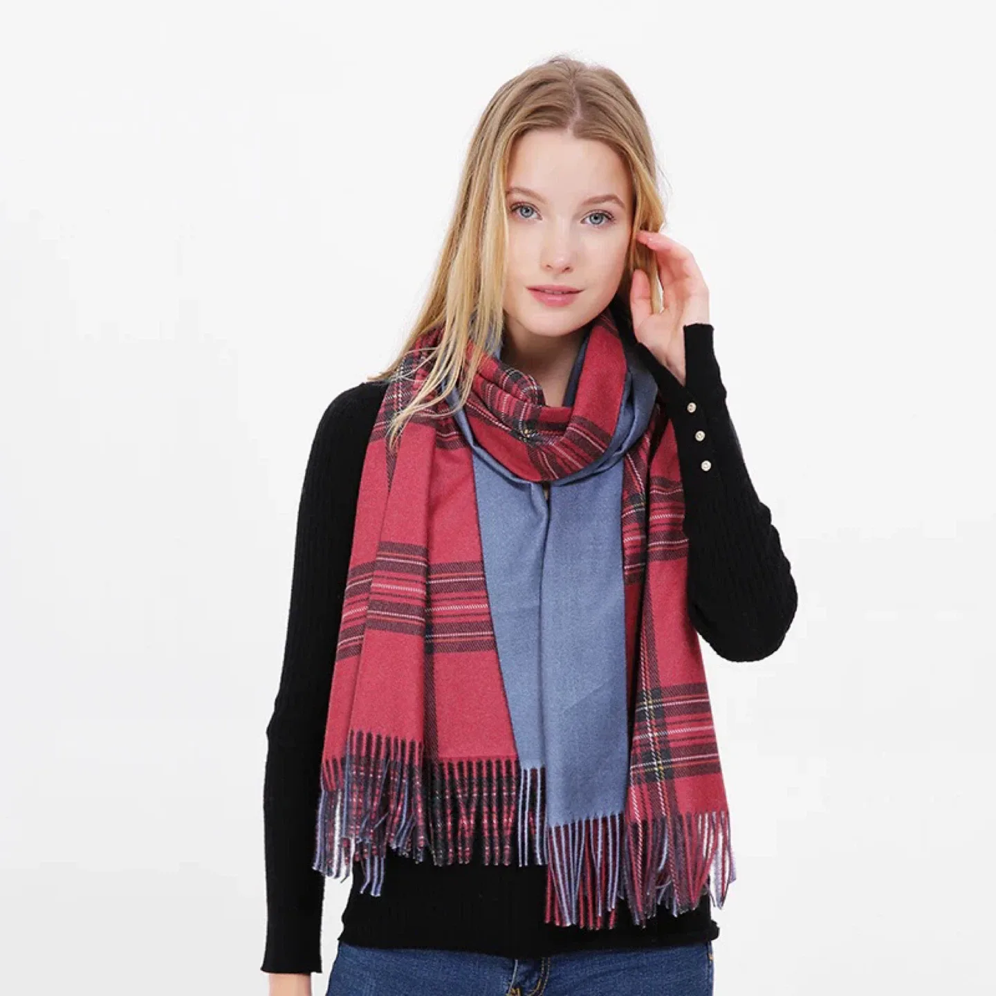 Reversible Plaid Scarf/Shawl - Red and Navy Blue thumbnail