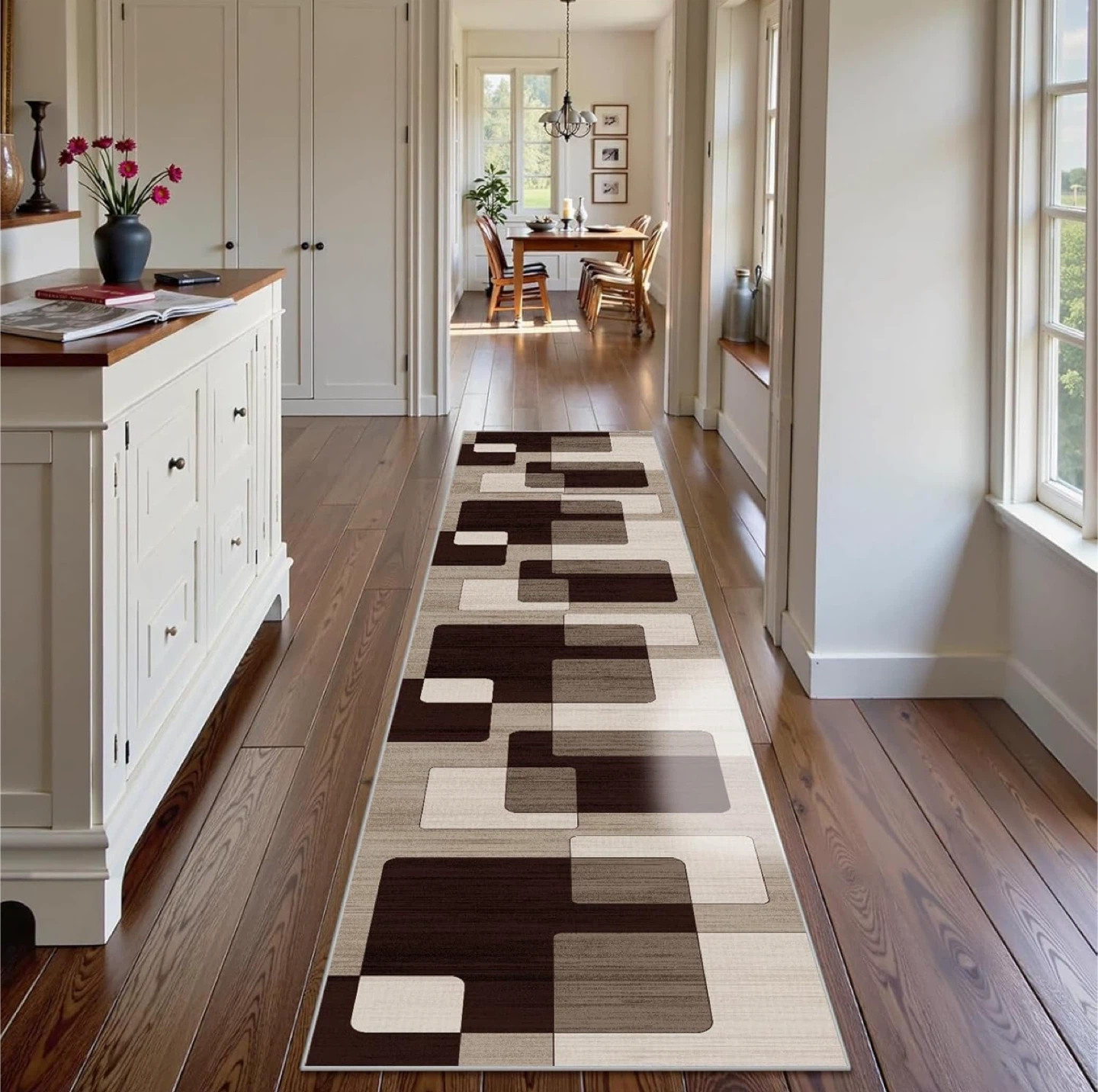 Brand New Hallway Runner Rug - Brown Geometric Pattern