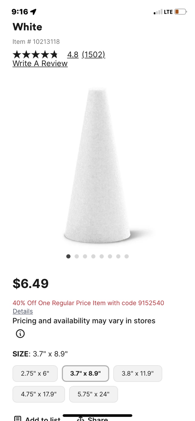 FloraCraft Styrofoam Cone, 12 x 3-7/8 inch - photo 4