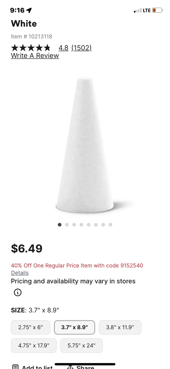 FloraCraft Styrofoam Cone, 12 x 3-7/8 inch image indicator(4)