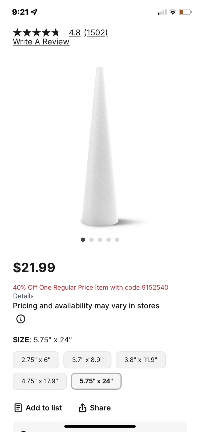 FloraCraft Styrofoam Cone, 12 x 3-7/8 inch - photo 5