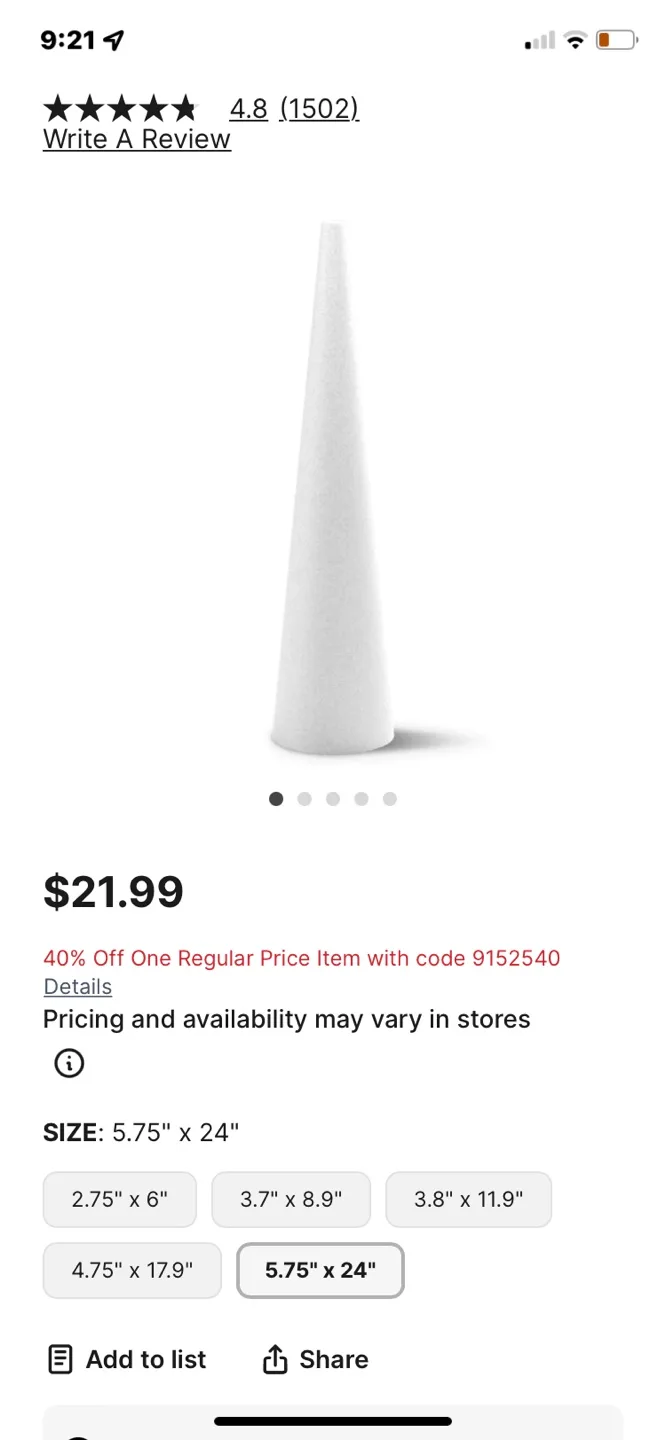 FloraCraft Styrofoam Cone, 12 x 3-7/8 inch image indicator(5)