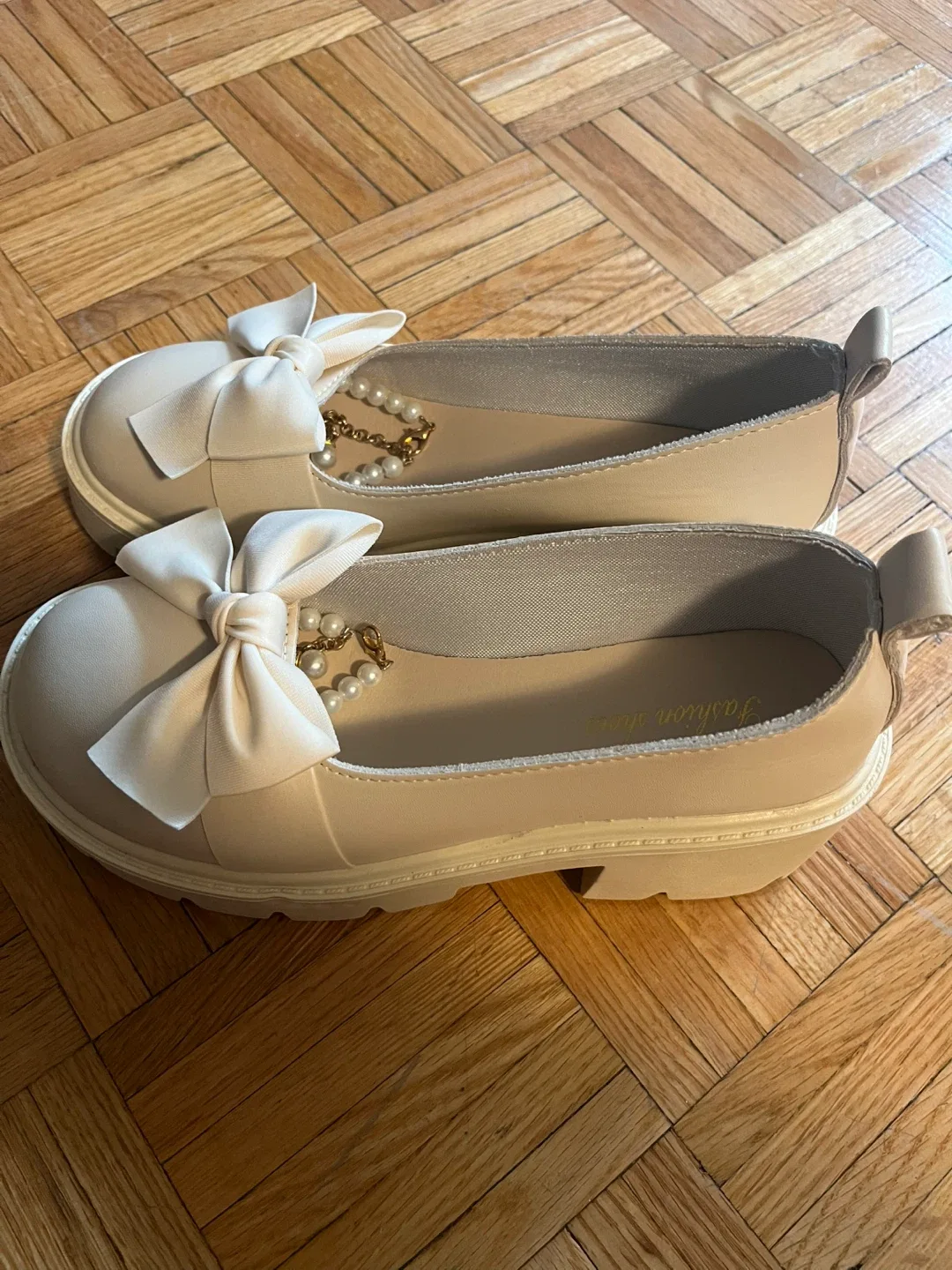 Cream Platform Loafers with Bow & Pearl Detail image indicator(5)