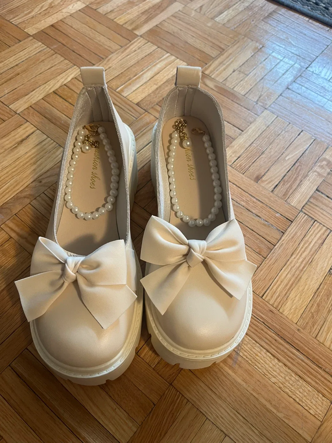 Cream Platform Loafers with Bow & Pearl Detail image indicator(3)