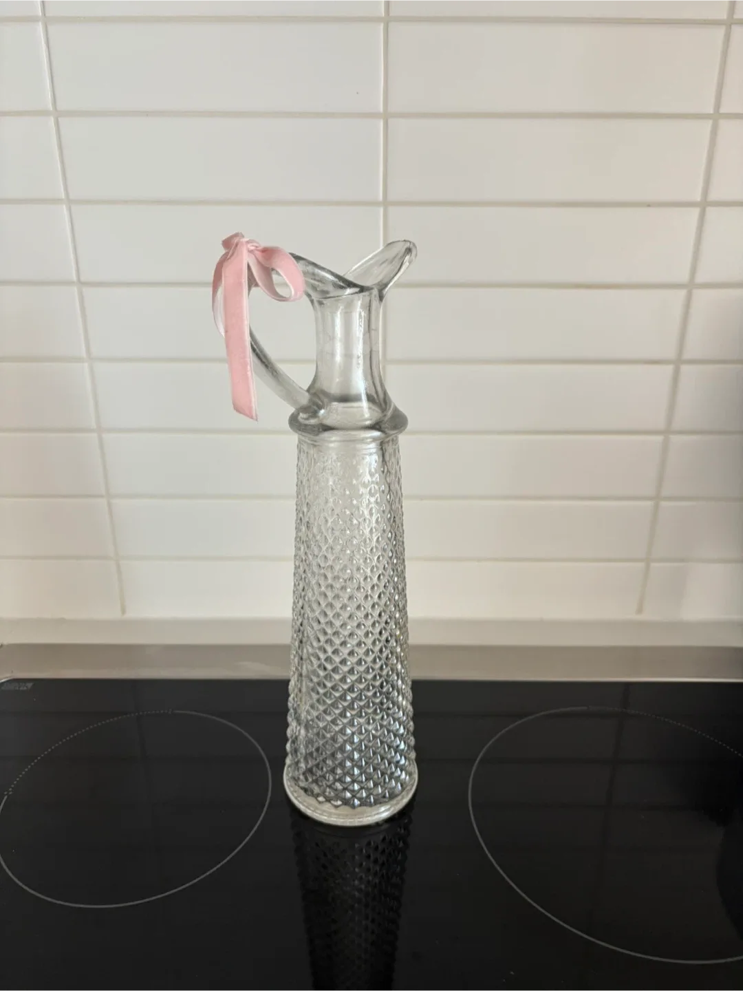 Vintage Crystal Pouring Carafe & Decor with pink bow thumbnail