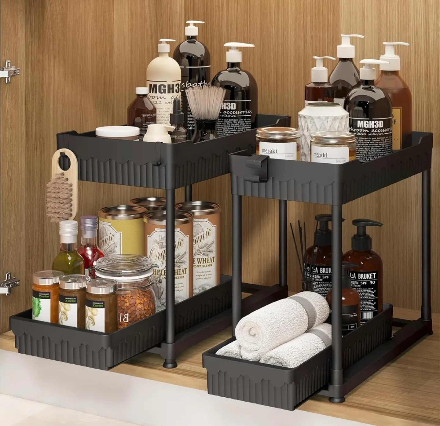 Black 2-Tier Plastic Rolling Cart x2 thumbnail