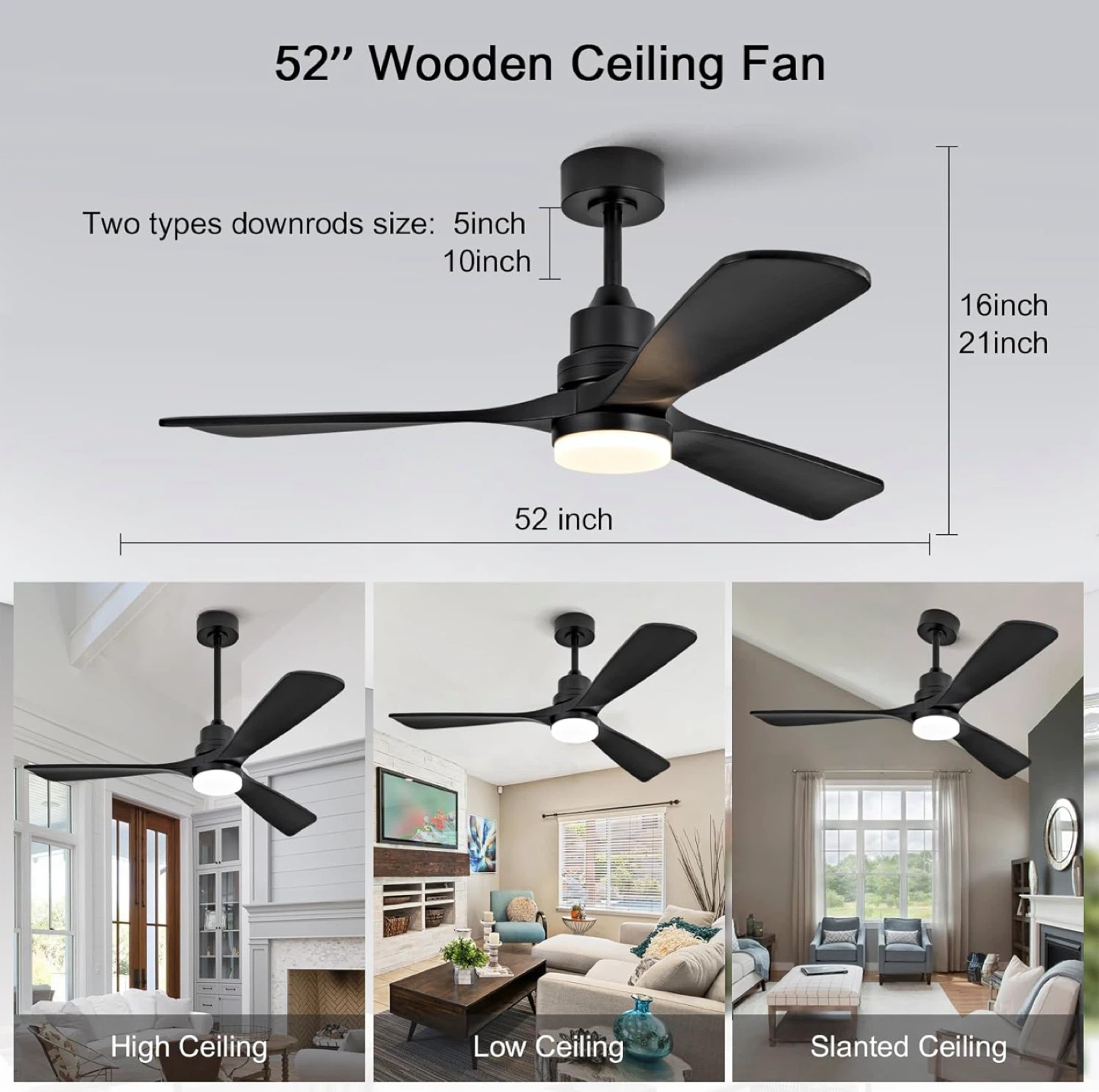 52" Wooden Ceiling Fan with Light - Black - photo 3