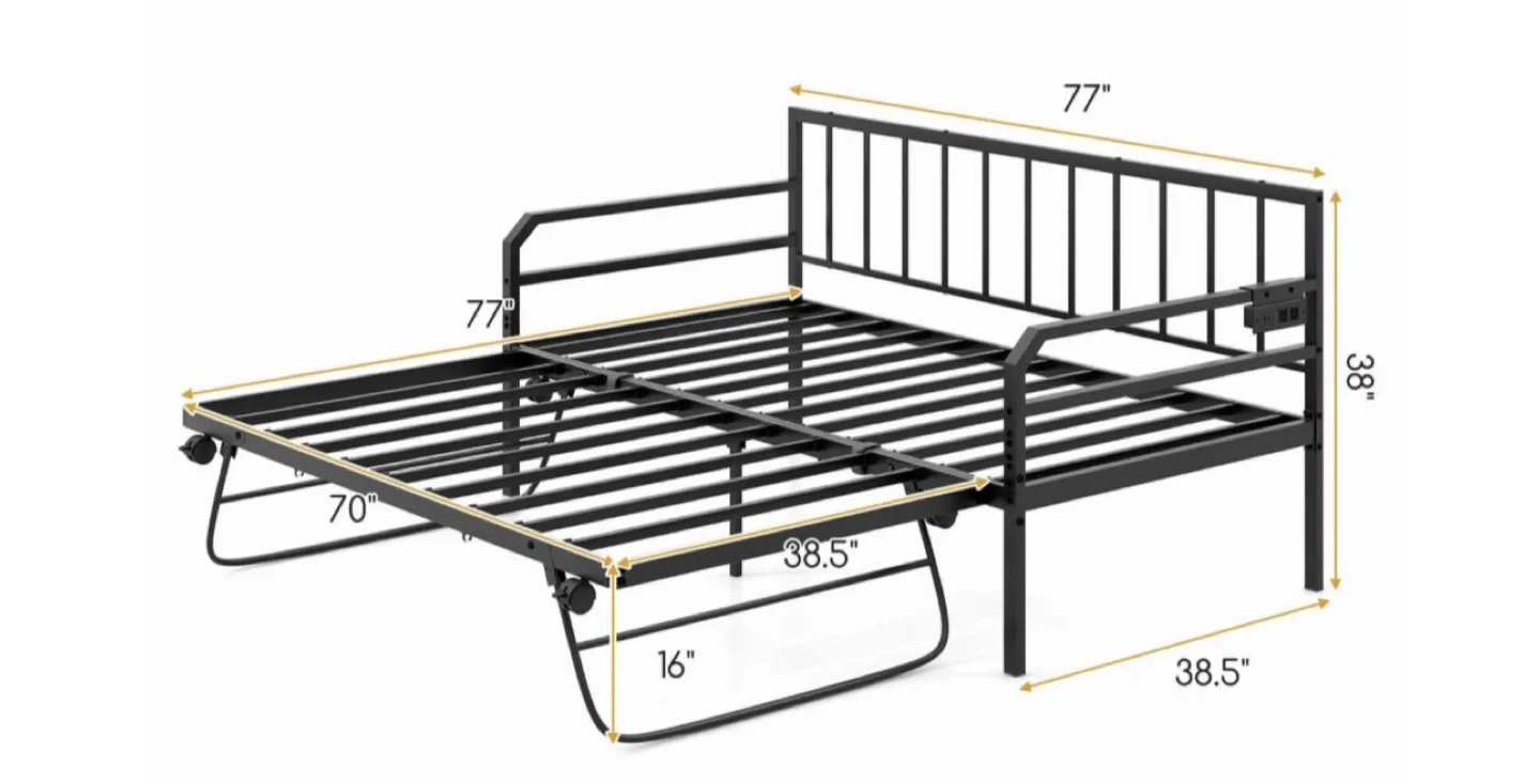 New Black Metal Daybed with Trundle & LED Lights image indicator(5)
