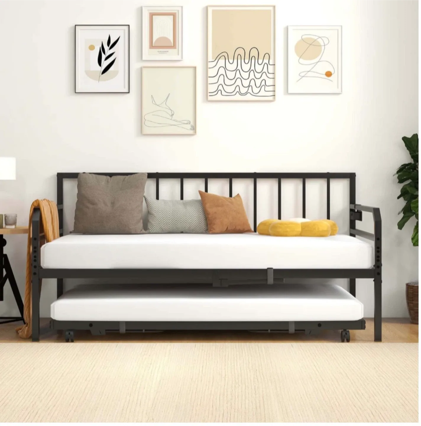 New Black Metal Daybed with Trundle & LED Lights image indicator(3)