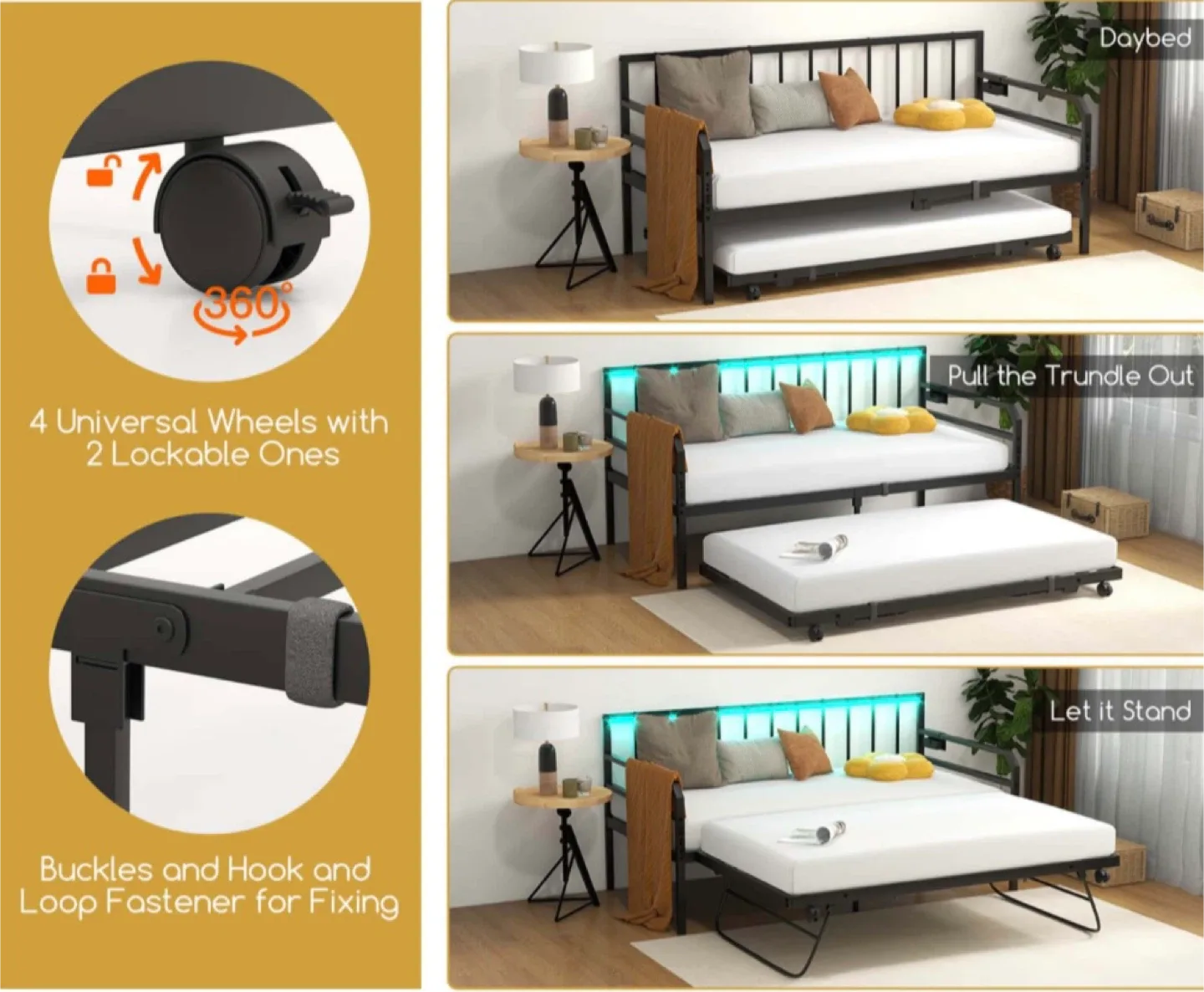 New Black Metal Daybed with Trundle & LED Lights image indicator(2)