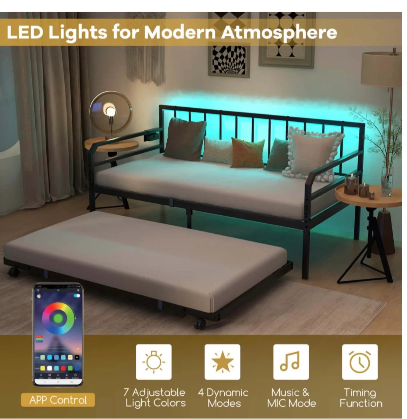 New Black Metal Daybed with Trundle & LED Lights thumbnail