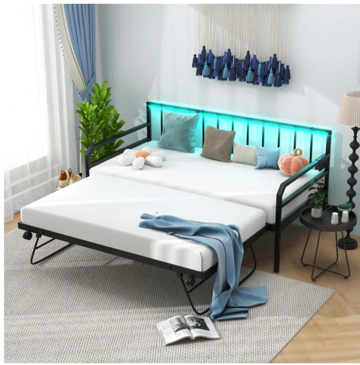 New Black Metal Daybed with Trundle & LED Lights image indicator(7)