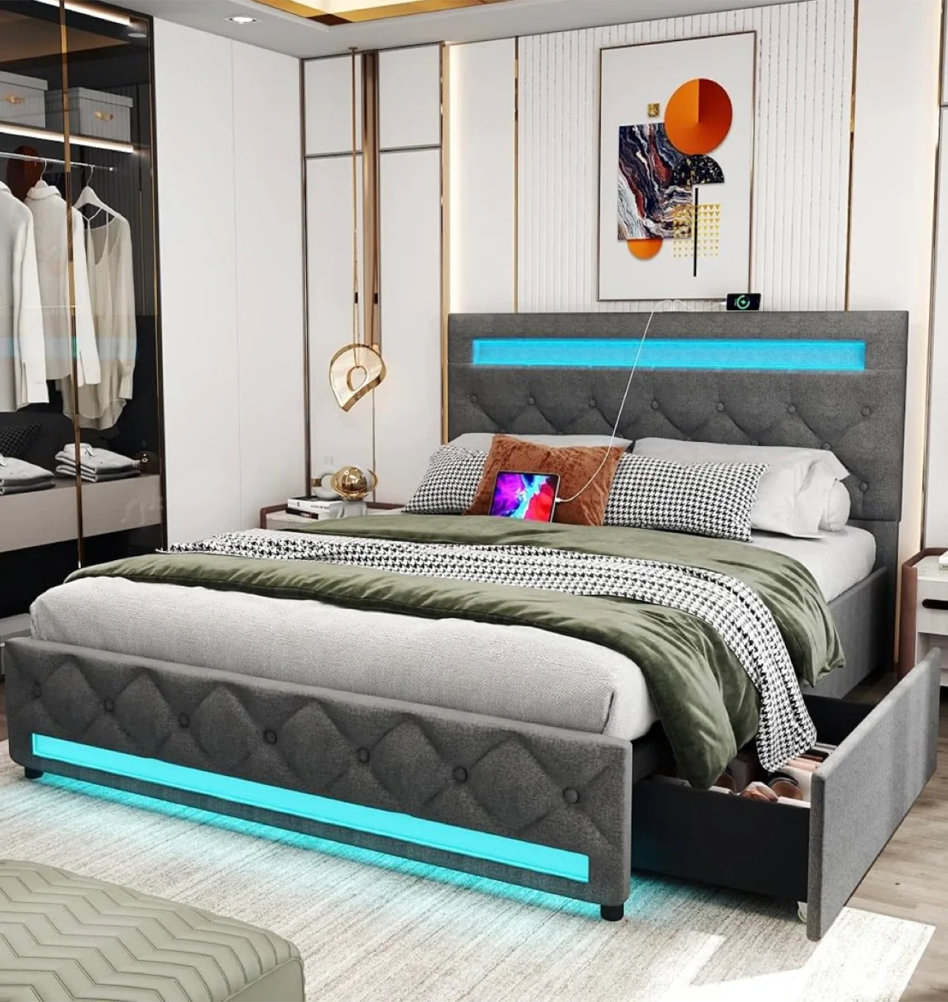 New Queen Bed Frame with LED Lights - Dark Grey thumbnail