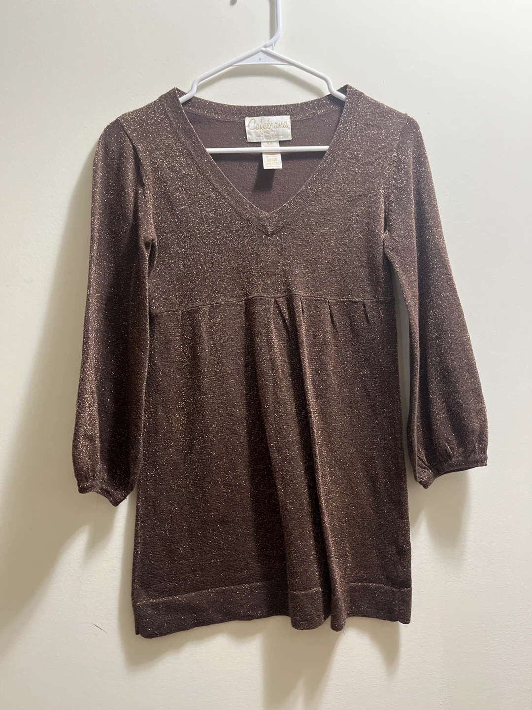 Brown V-Neck sparkly Dress Blouse sz S