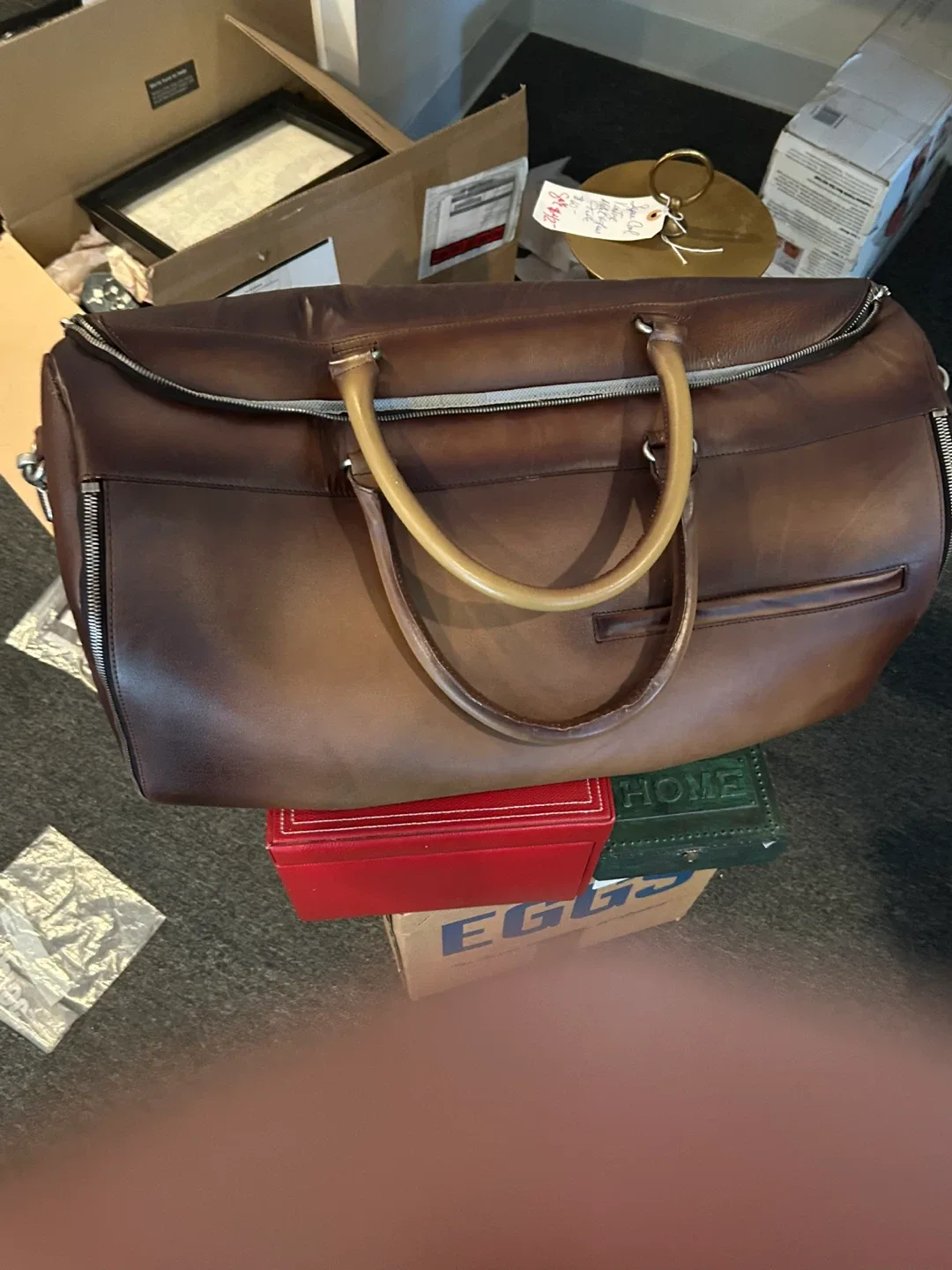 Brown Leather Duffle/Garment  Bag thumbnail
