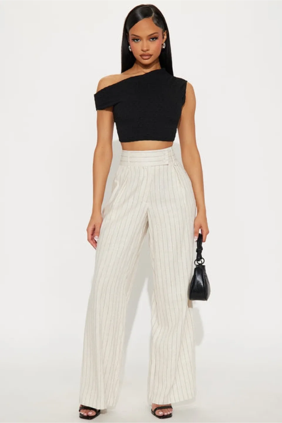 Dynamite Black Top & Striped Linen Pants image indicator(4)