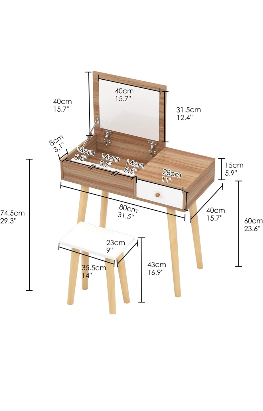 Vanity Table with Flip-Top Mirror + Stool - photo 3