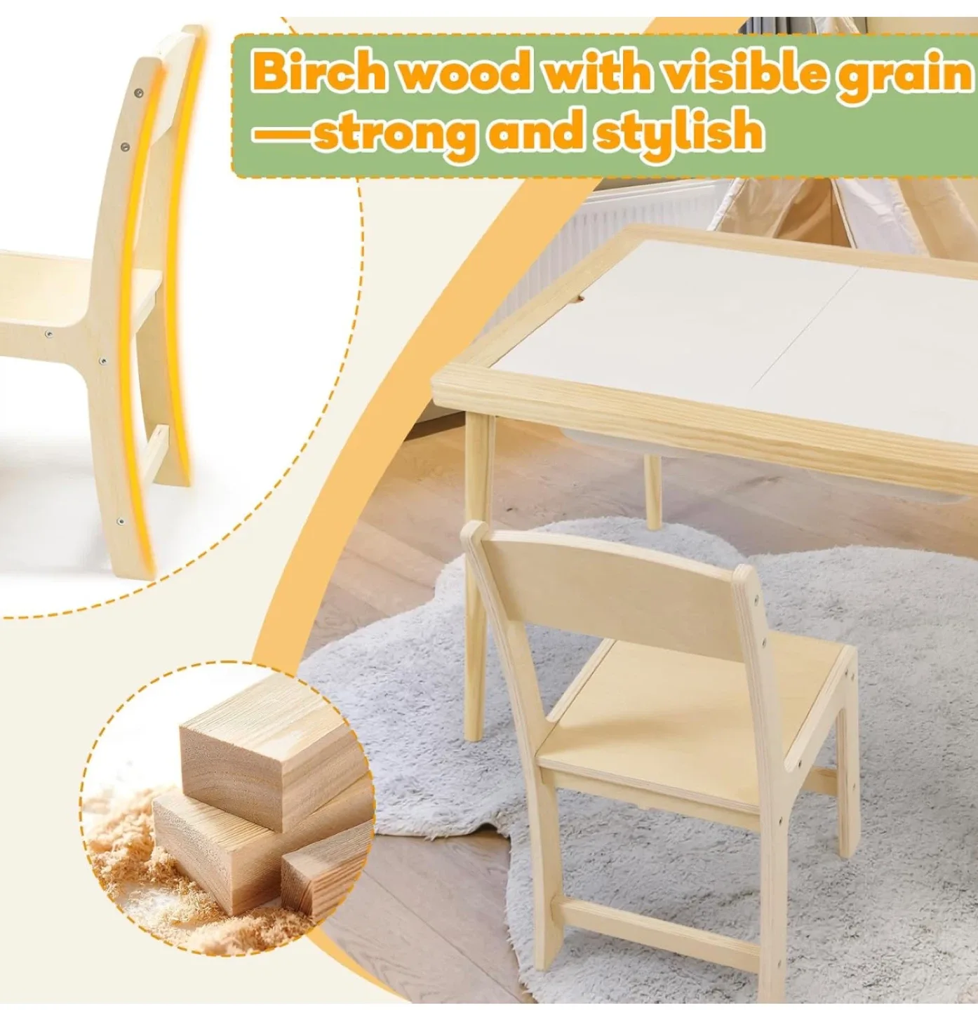 Kids Double-Sided Easel Table with Chair - Birch Wood image indicator(5)