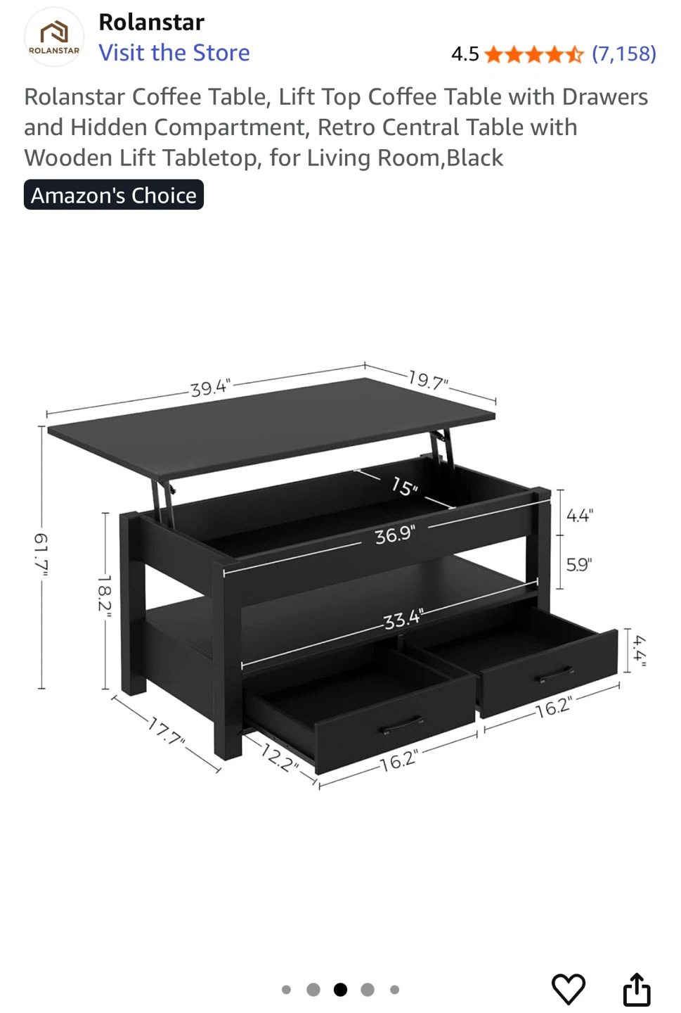 Rolanstar Lift Top Coffee Table - Black
