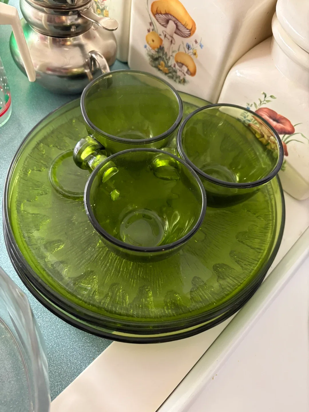 Vintage Green Glass Snack Set (4) thumbnail