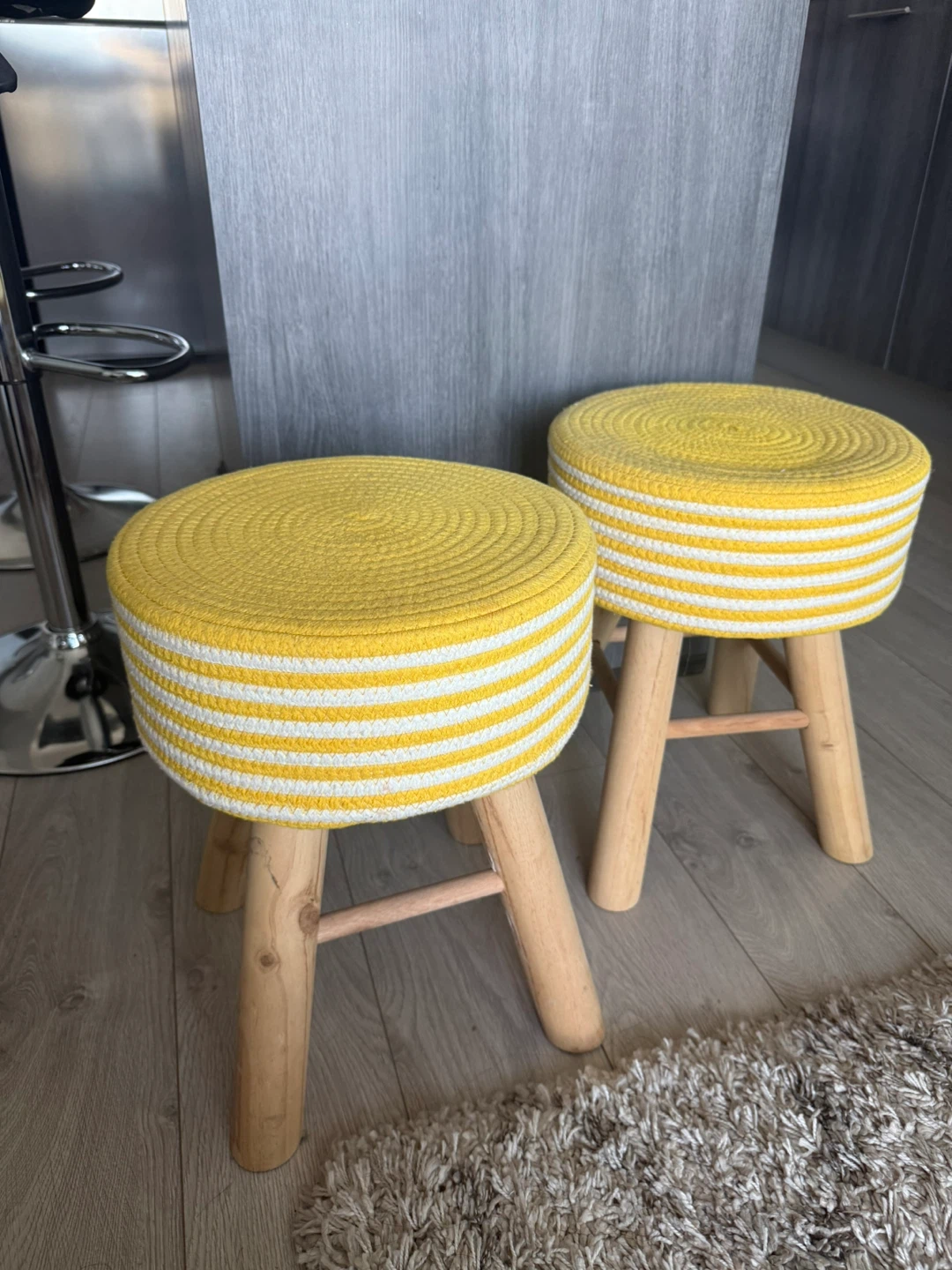 Yellow & White Striped Stools - Set of 2