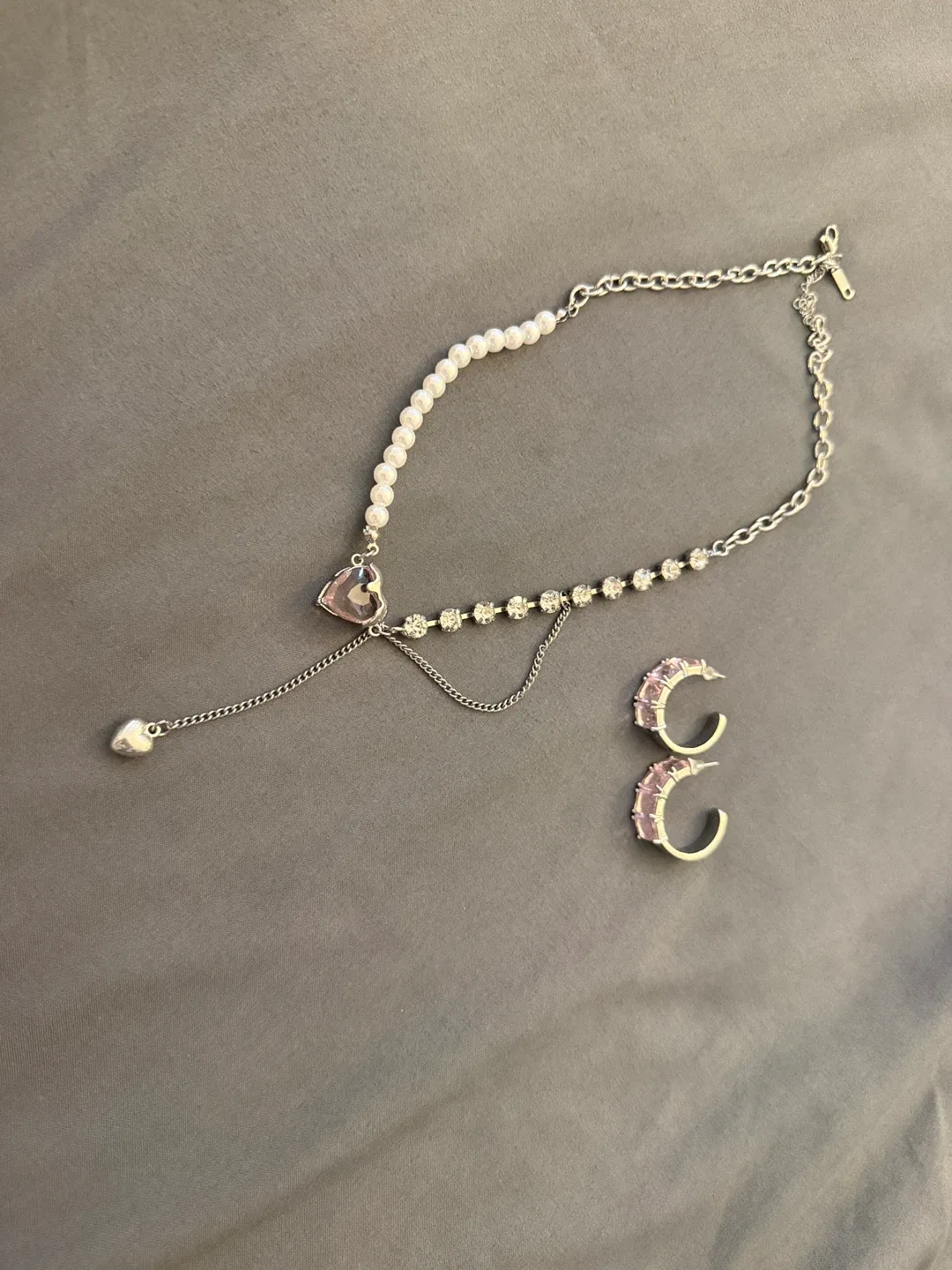 Heart & Pearl Necklace with Earrings Set thumbnail