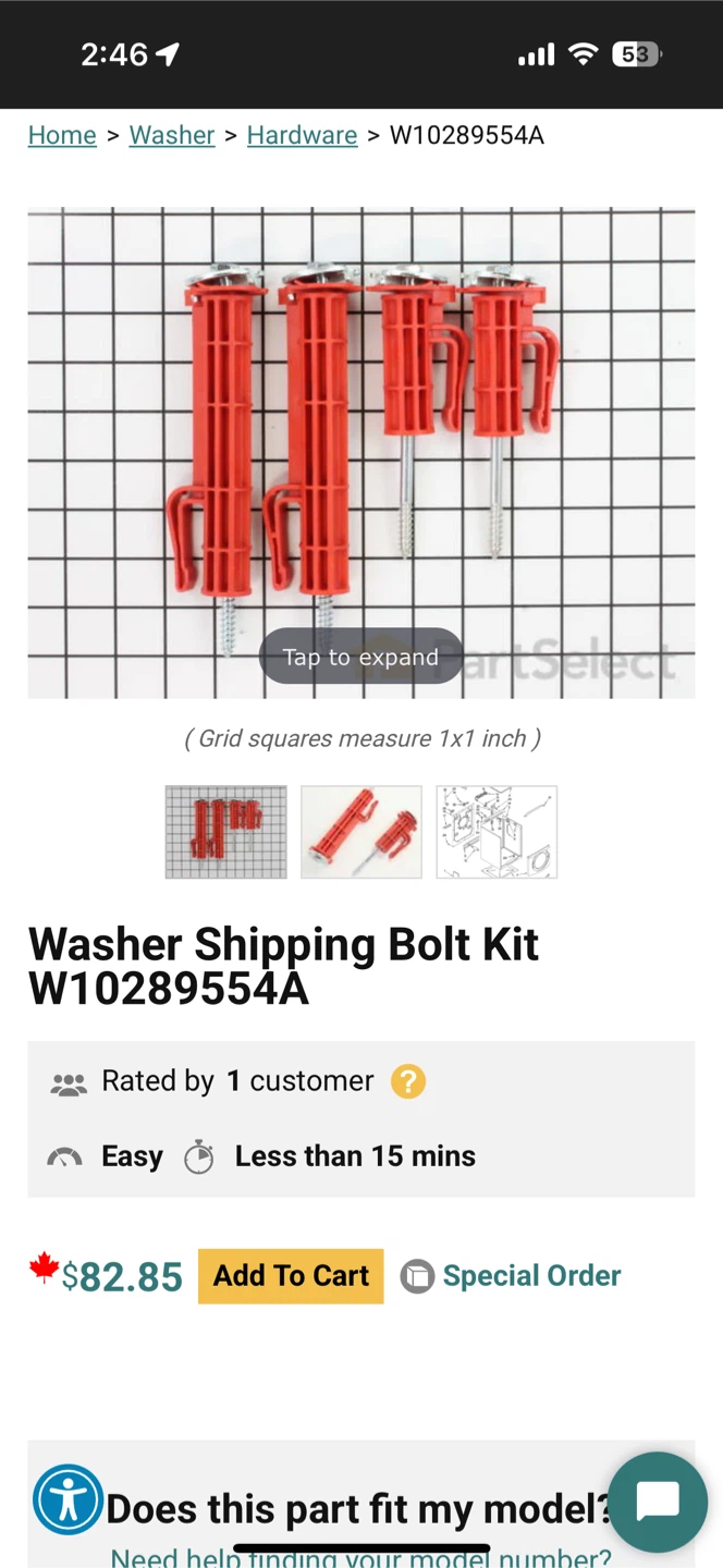 Whirlpool W10289554A Washer Shipping Bolt Kit