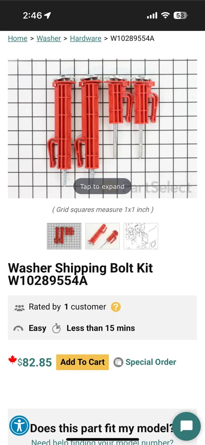 Whirlpool W10289554A Washer Shipping Bolt Kit thumbnail