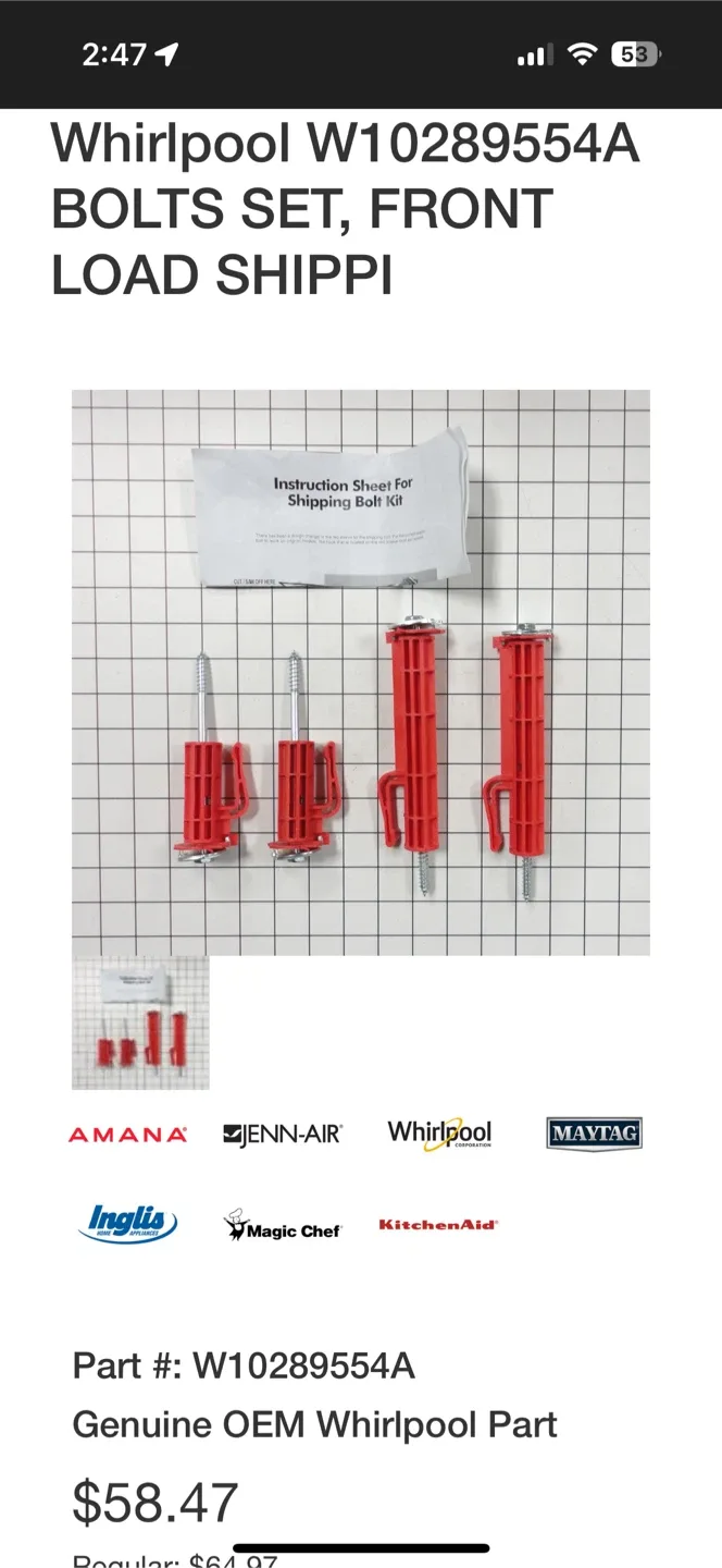 Whirlpool W10289554A Washer Shipping Bolt Kit image indicator(3)