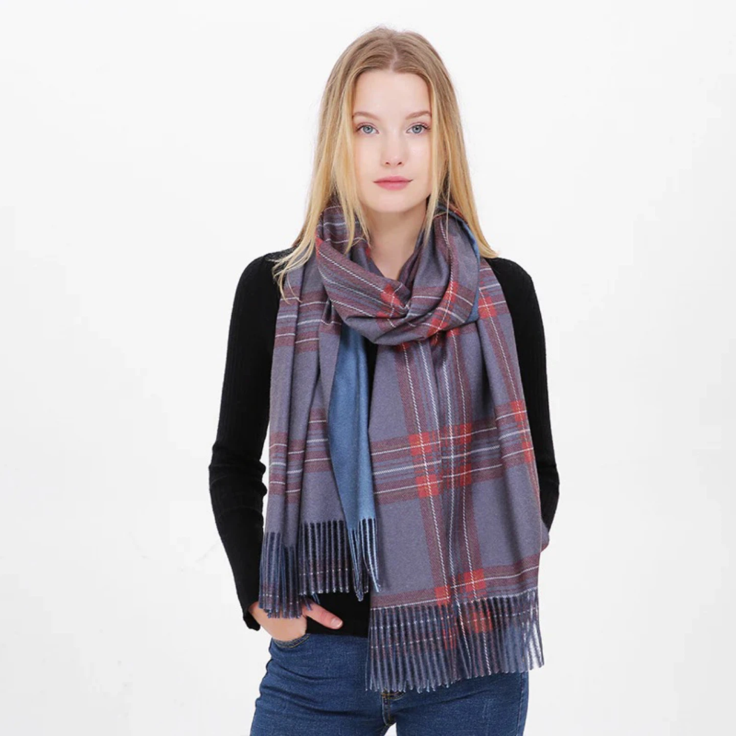 Plaid Scarf/Shawl - Grey, Red, Blue