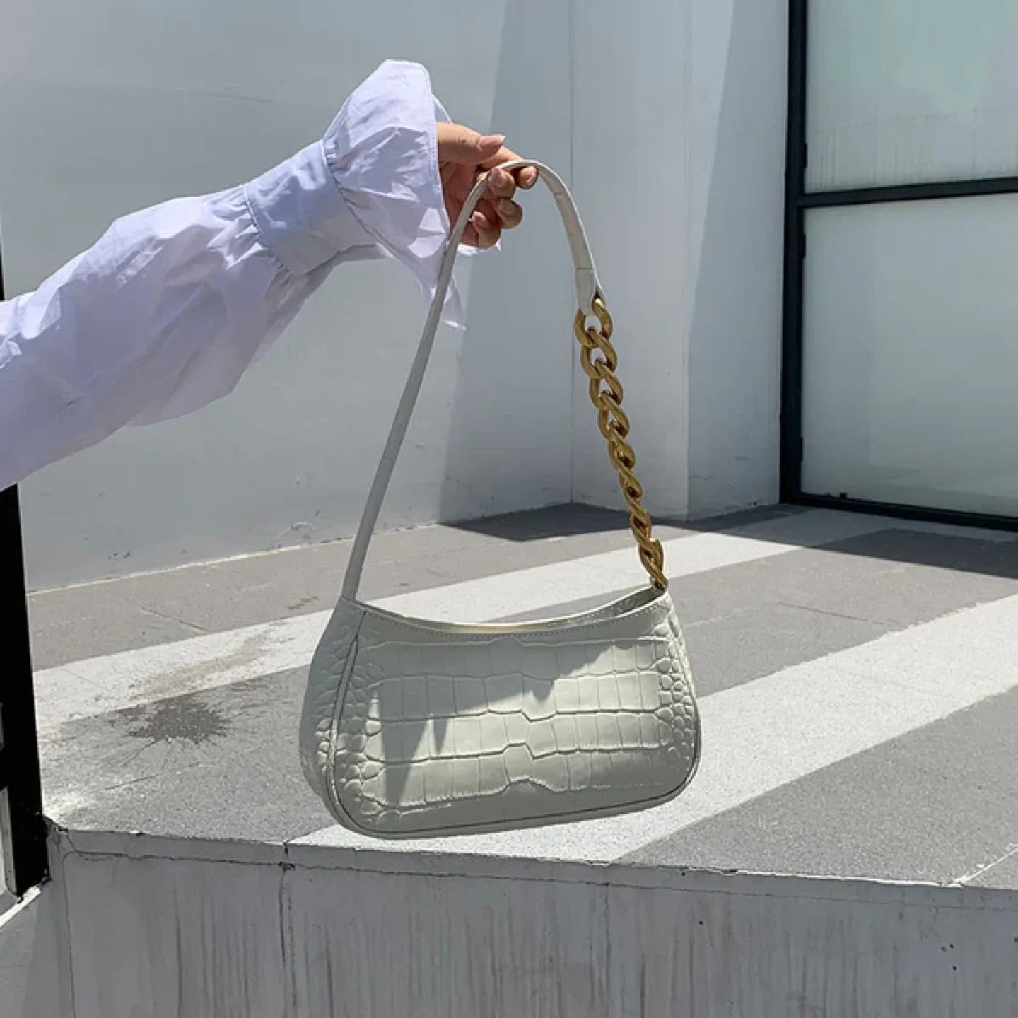 Semi Chain Handle Baguette Bag | White thumbnail