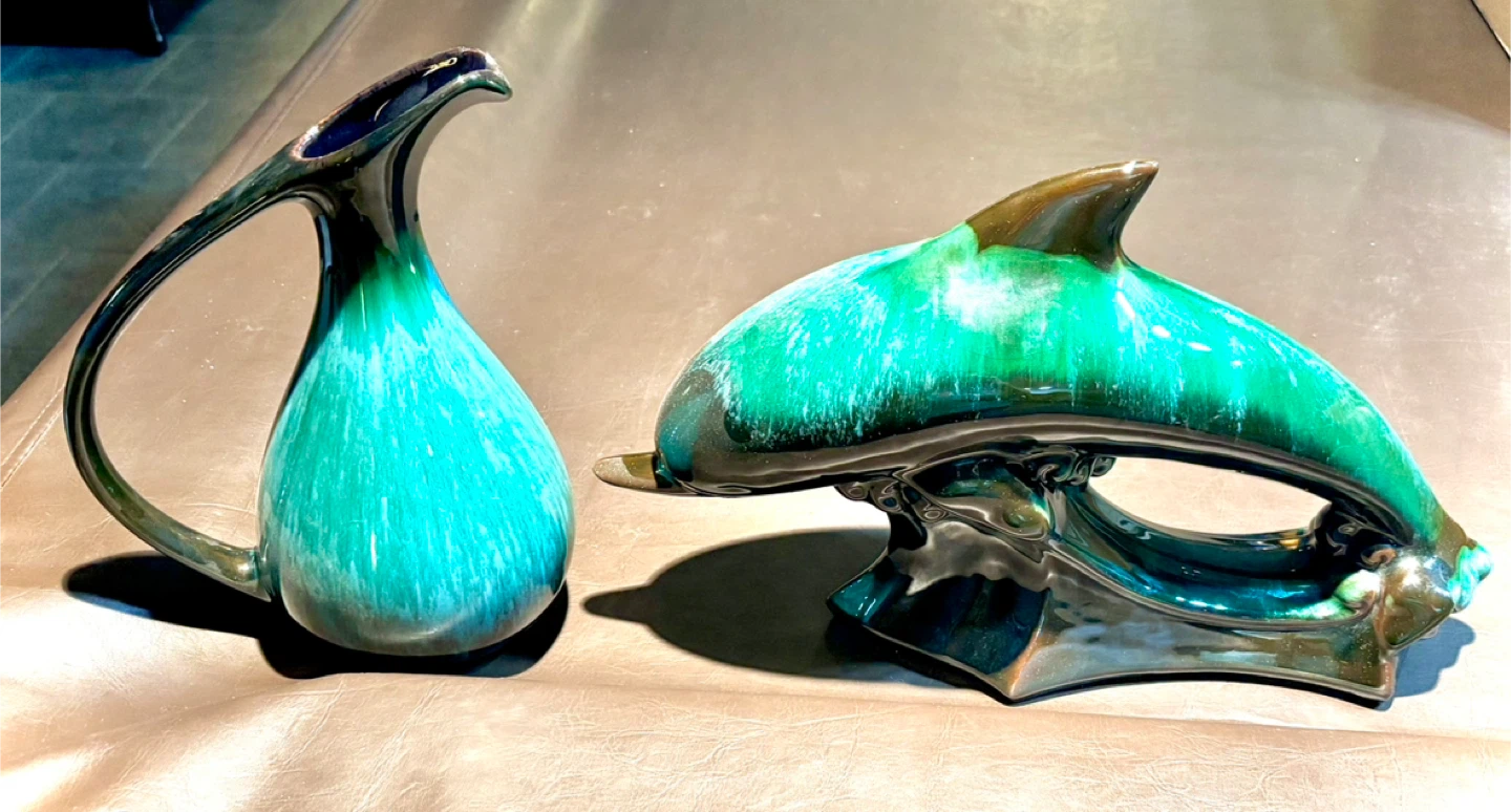 Vintage Teal Ceramic Dolphin Figurine & Pitcher Set - photo 2