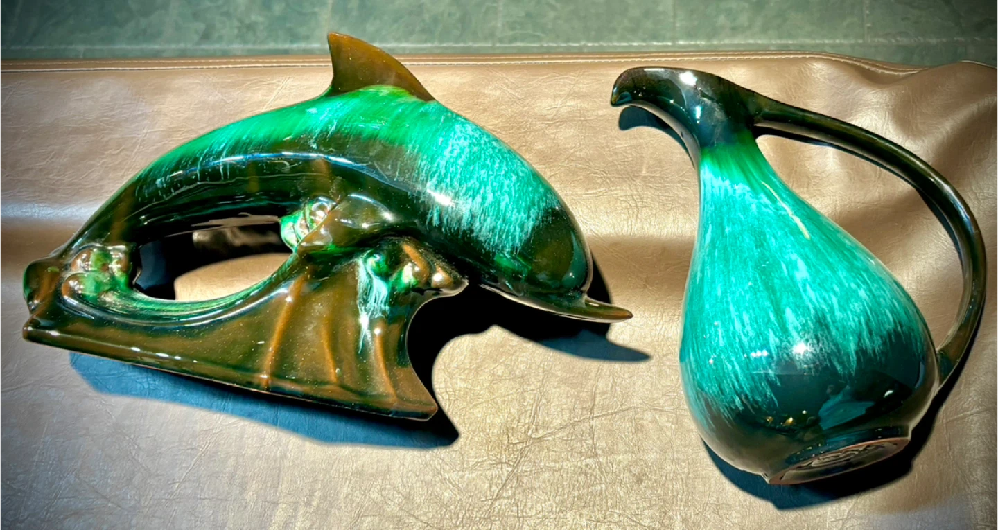Vintage Teal Ceramic Dolphin Figurine & Pitcher Set - photo 3