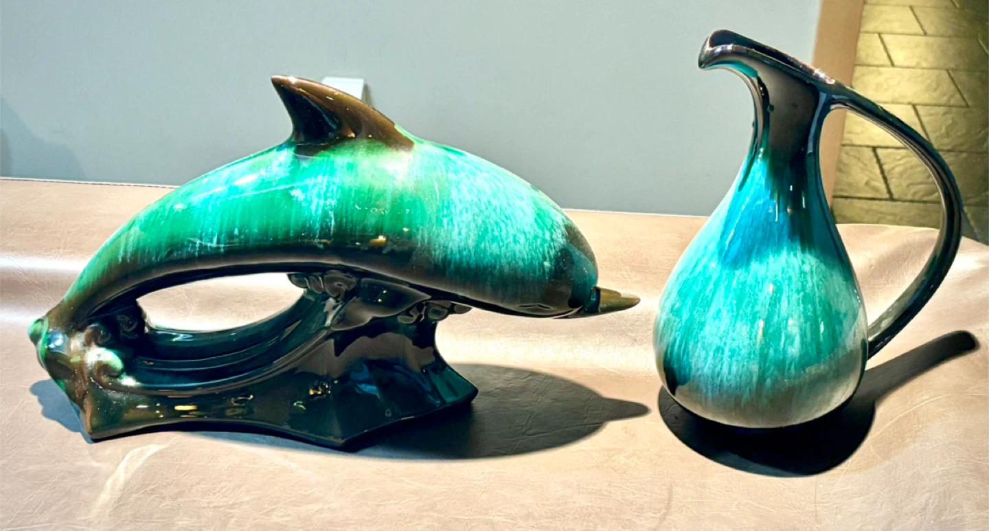 Vintage Teal Ceramic Dolphin Figurine & Pitcher Set
