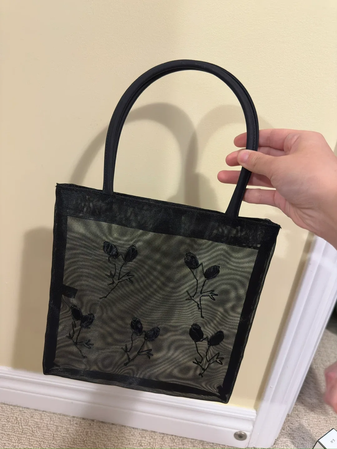 Shiseido Black Floral Embroidered Mesh Tote Bag thumbnail