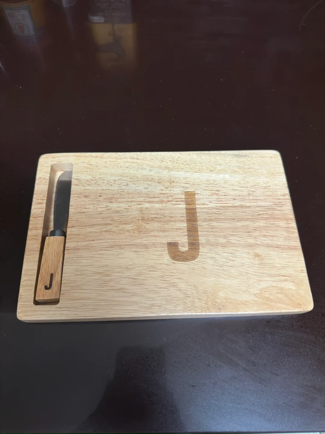 Wooden Cheese Board with Knife - Initial J thumbnail