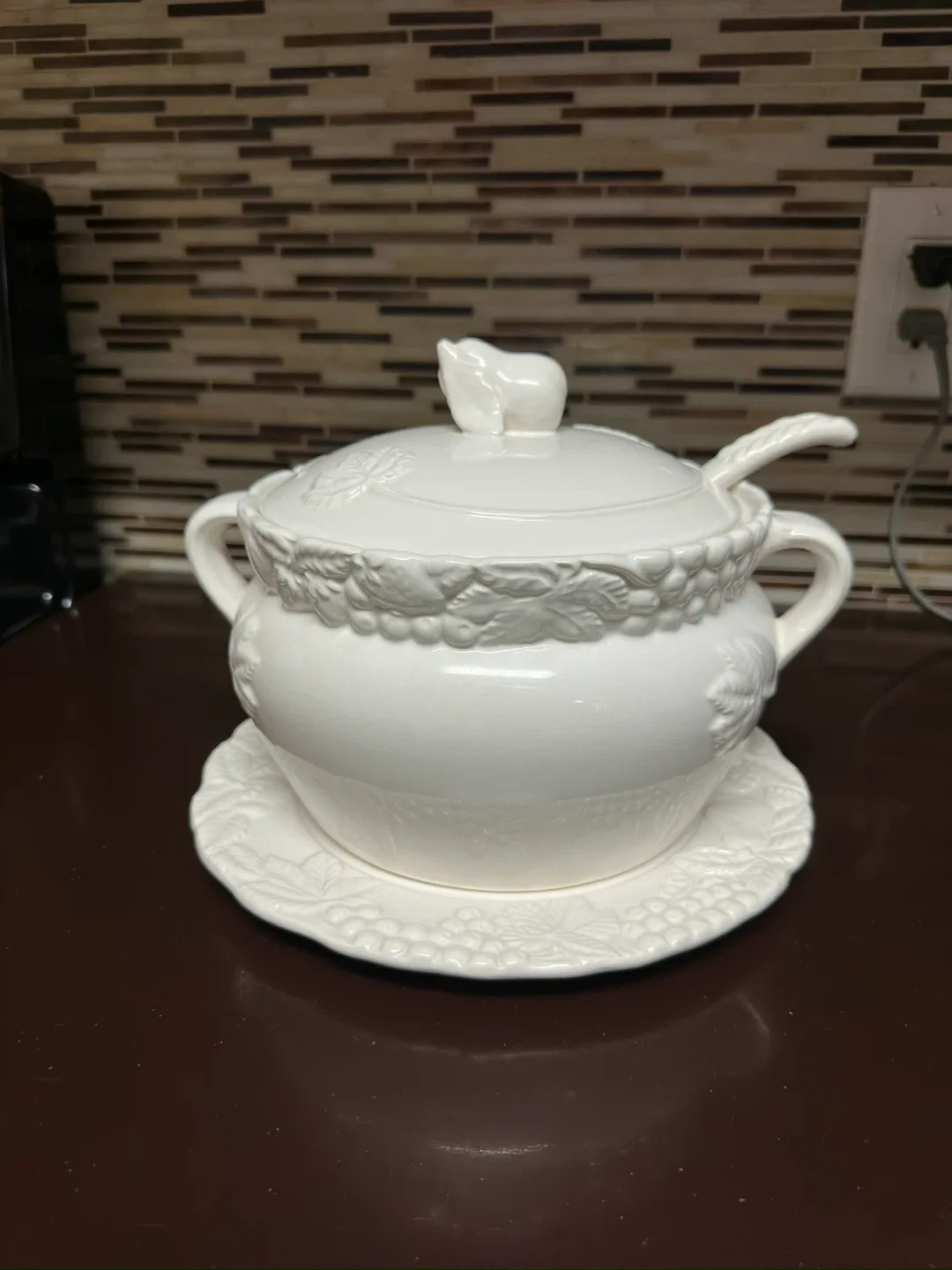 Vintage White Ceramic Soup Tureen with Ladle thumbnail
