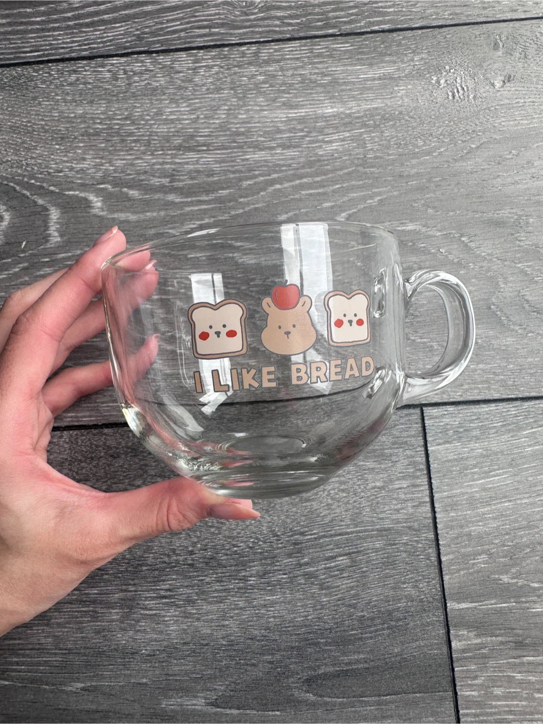 Clear Glass Mug with "I Like Bread" Design *CHIP ON FRONT*