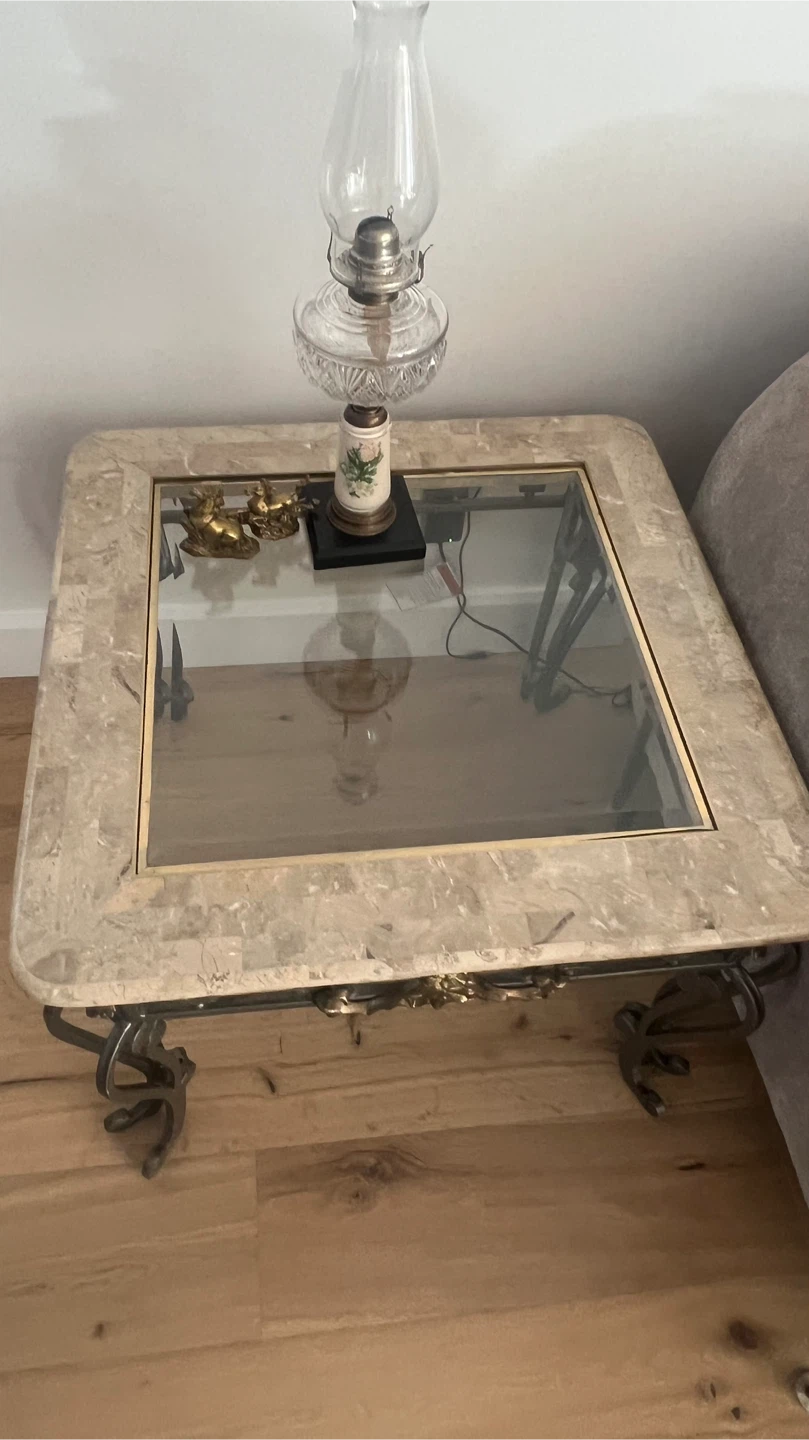 Glass coffee Table with Marble-look Border with two side tables - photo 4