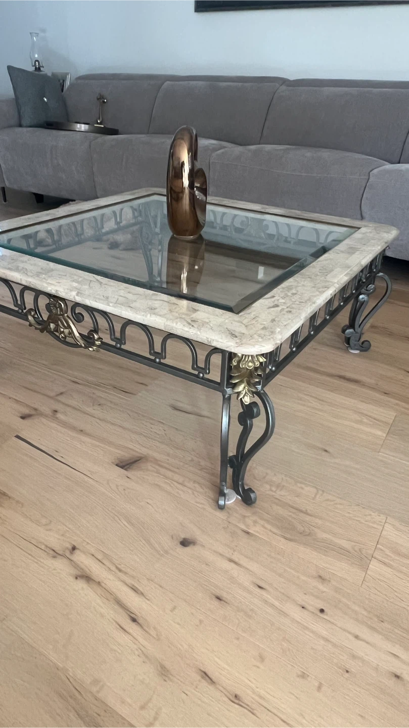 Glass coffee Table with Marble-look Border with two side tables - photo 3