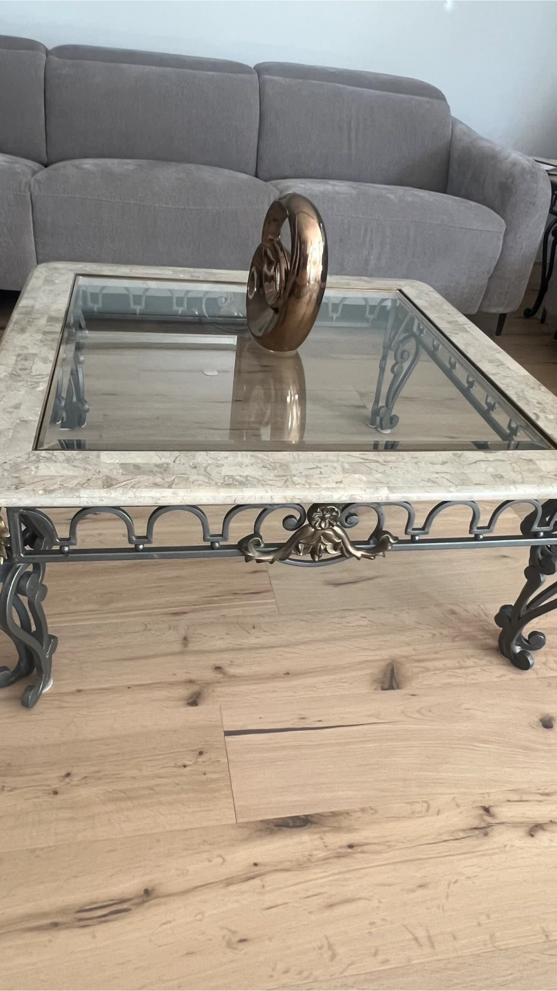 Glass coffee Table with Marble-look Border with two side tables - photo 2
