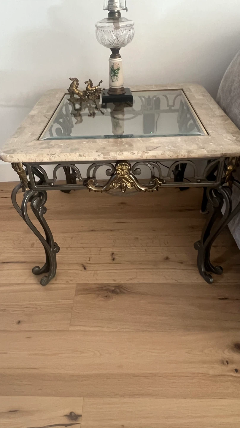 Glass coffee Table with Marble-look Border with two side tables - photo 5